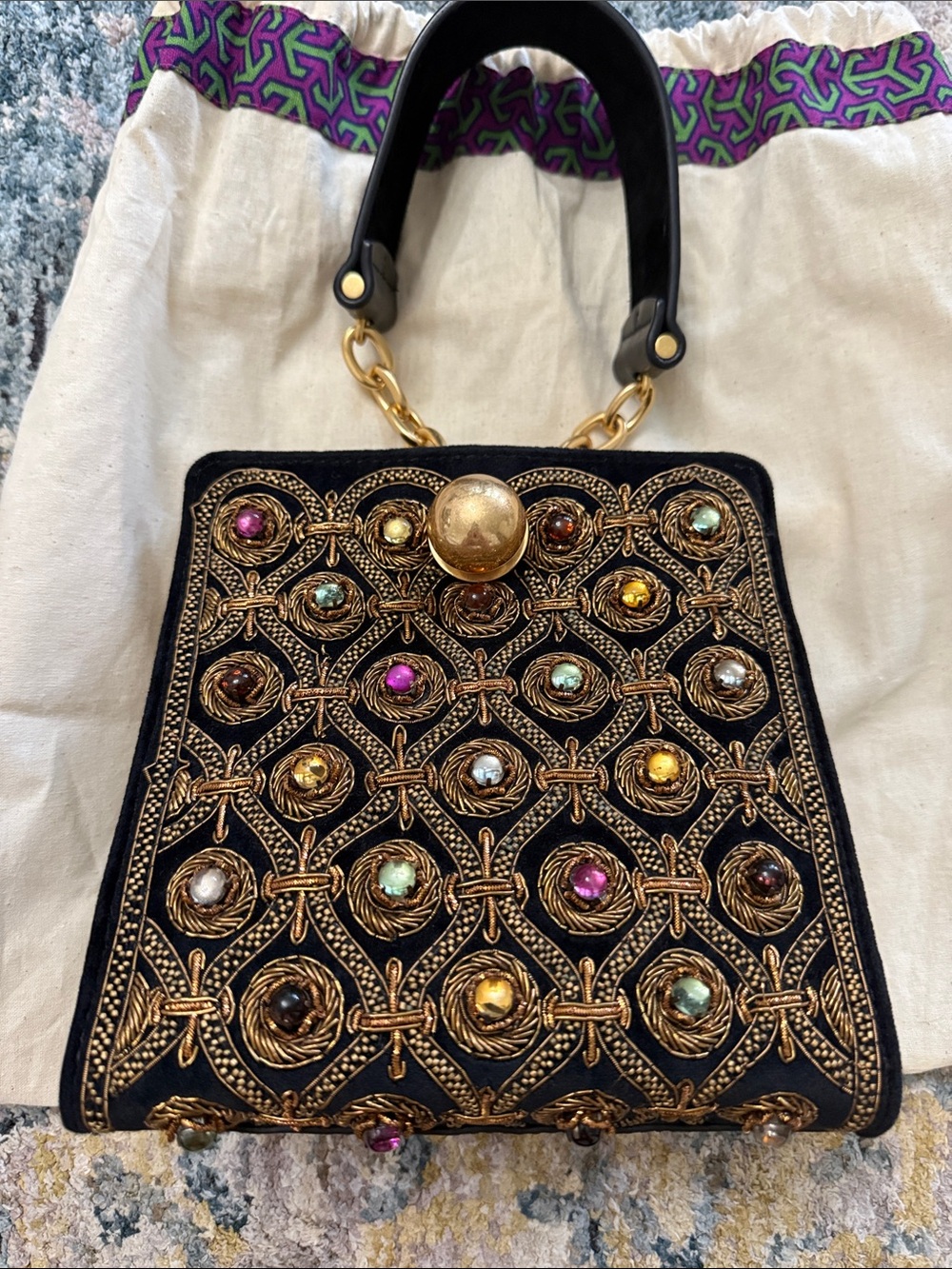 Tory Burch Darcy Cabochon Black Embellished Bag with Multicolor Gems - Picture 3 of 8
